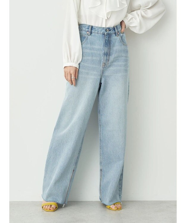 earth music&ecology ウ゛ィンテージ加工セルフカットワイドデニム Light Indigo