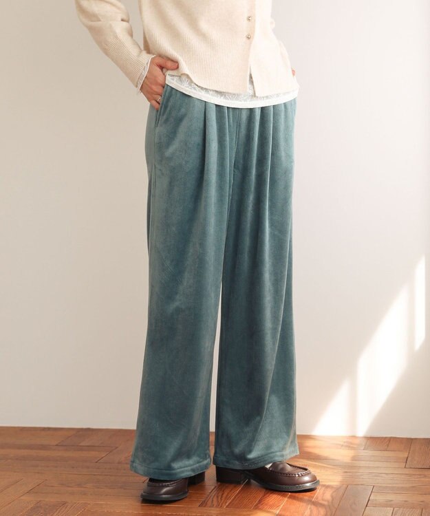 Green Parks ぽかぽか裏起毛ベロアイージーパンツ Sax