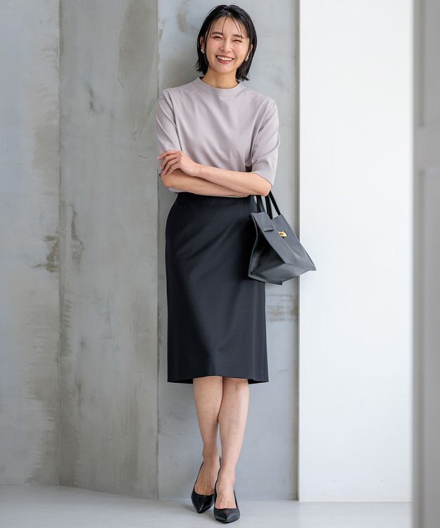 23区 L 【洗える】ヴィスコースストレッチ 半袖 ニット ライトグレー系