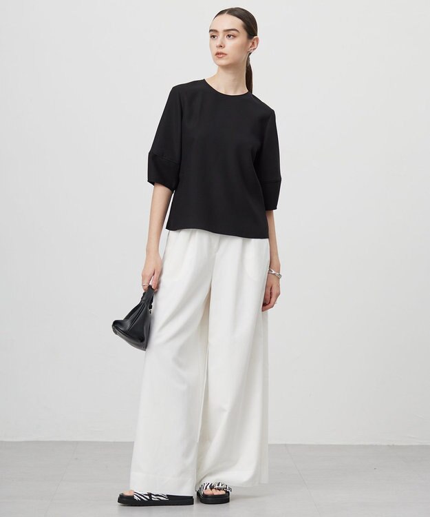 ICB 【UVケア・接触冷感・速乾・防シワ・洗える】 FluidBackSatin ランタンスリーブブラウス ブラック系