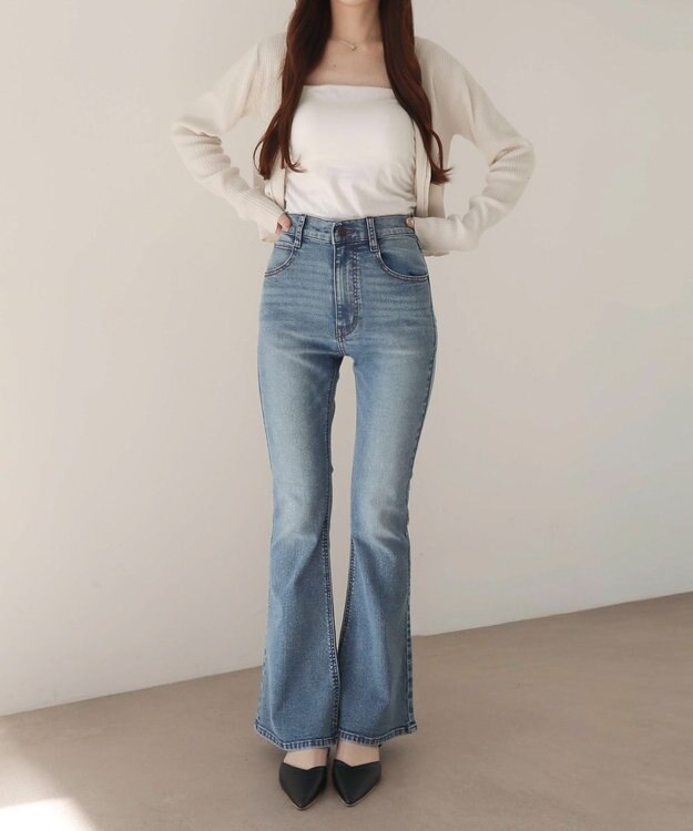 WEGO 【美脚パンツ】ストレッチフレアデニムパンツ デニム中濃色