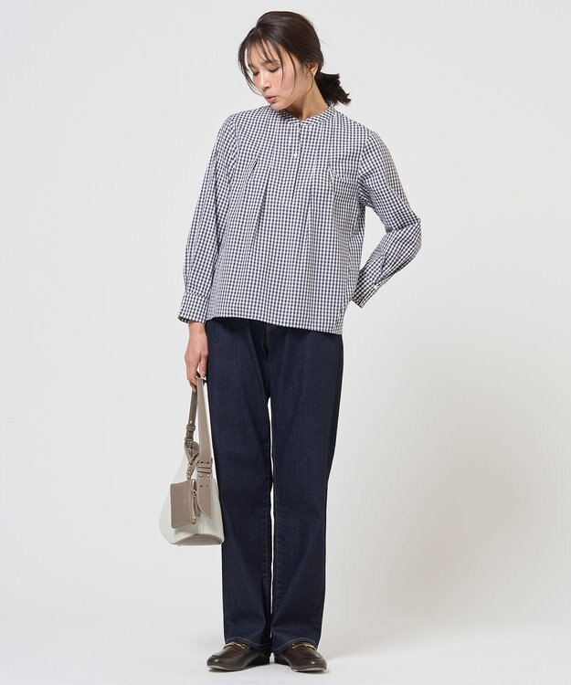 J.PRESS LADIES L 【WEB限定カラーあり】コンパクトエステネージュ スキッパー ブラウス ネイビーギンガム系