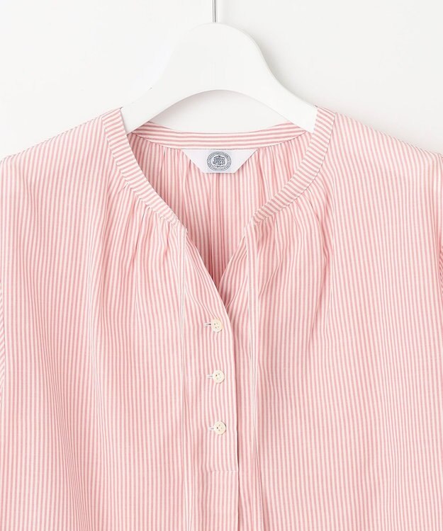 J.PRESS LADIES 【洗える】コットンアセVis ストライプ ギャザー ブラウス オレンジ系1