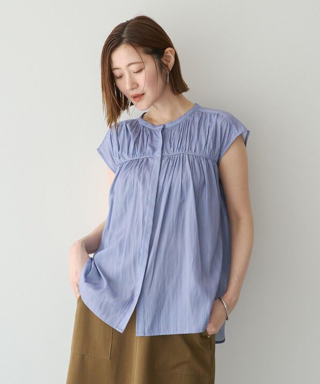 YECCA VECCA <<接触冷感>>フレンチスリーブギャザーブラウス Stripe