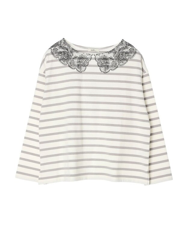 earth music&ecology レースプリントボーダープルオーバー Border Gray