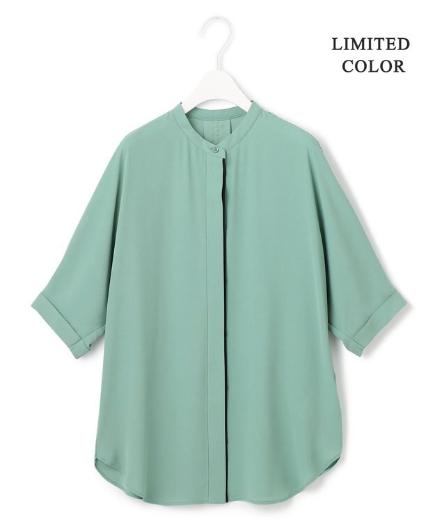 ICB 【人気のため新色追加・WEB限定カラーあり】BackSatinAmunzen 5分袖バンドカラーブラウス セラドン系［WEB限定］