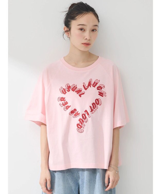 earth music&ecology ラメ刺繍ハートロゴＴ Pink