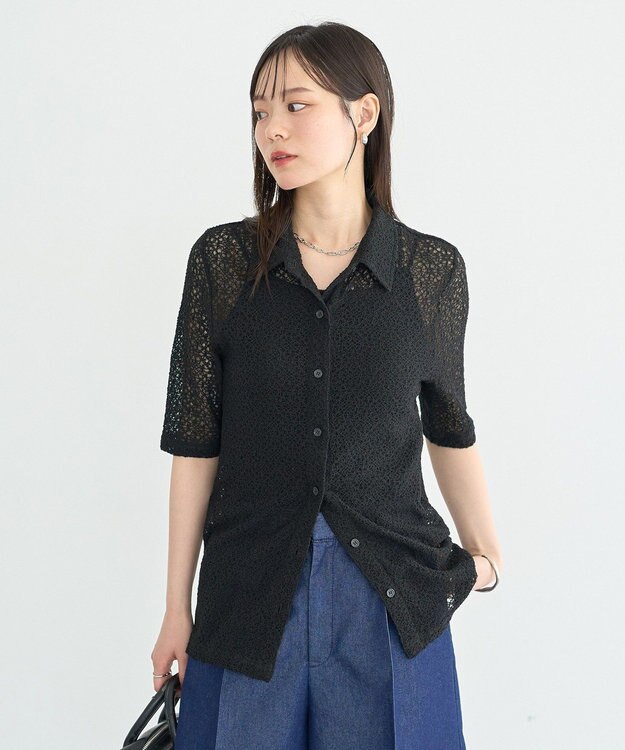 earth music&ecology ストレッチレース襟付シャツ Black