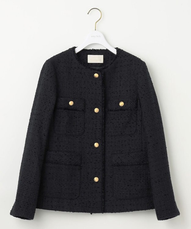ANY SIS S ツイードノーカラーミドル ジャケット ネイビー