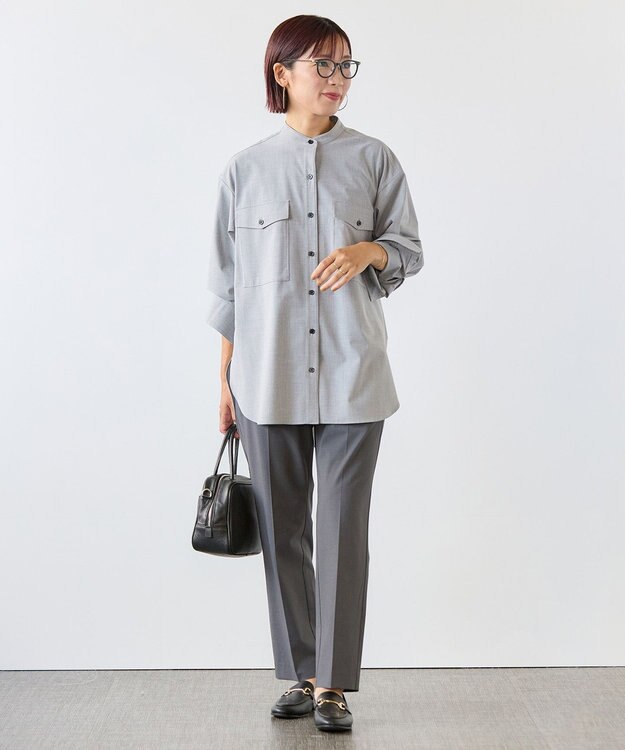 UNFILO ウールライク バンドカラーシャツ トップグレー