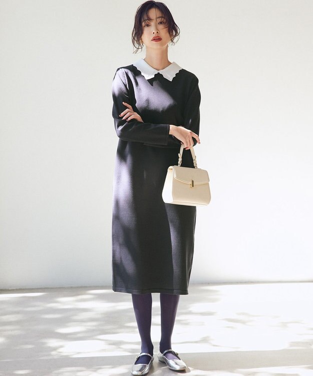 組曲 L レースライク襟付きニットワンピース ネイビー系