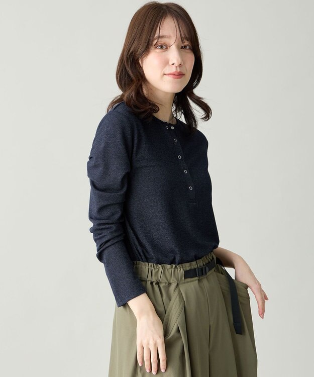 ANY クリアラメフライスヘンリーネックプルオーバー ネイビー