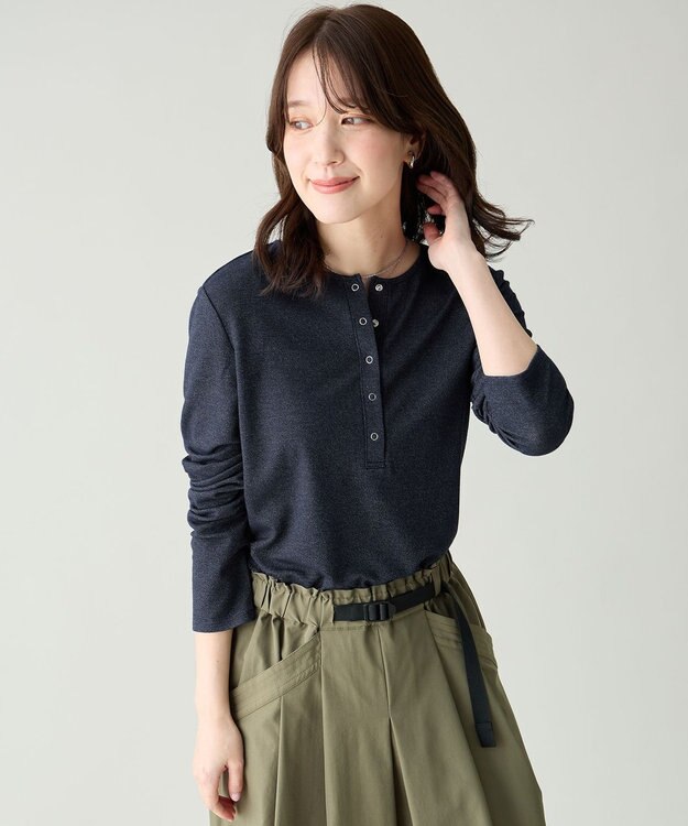 ANY クリアラメフライスヘンリーネックプルオーバー ネイビー