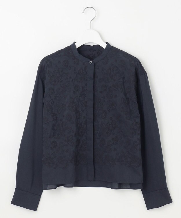 自由区 L 【洗える】シアーエンブロイダリークロップド丈 ブラウス ネイビー