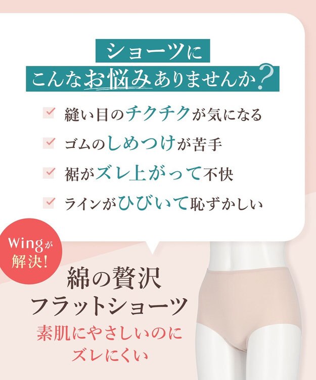 Wing ショーツ やさしい肌あたり ズレ上がりにくい しめつけにくい 【綿の贅沢 フラットショーツ】 はきこみ丈ふかめ 3Lまで対応 大きいサイズ EC3100 ウイング／ワコール シェルベージュ