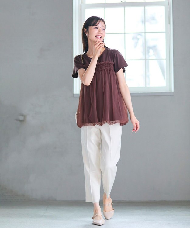 Feroux 【汗ジミが目立たない・洗える】バルーンチュール Tシャツ ダークブラウン系