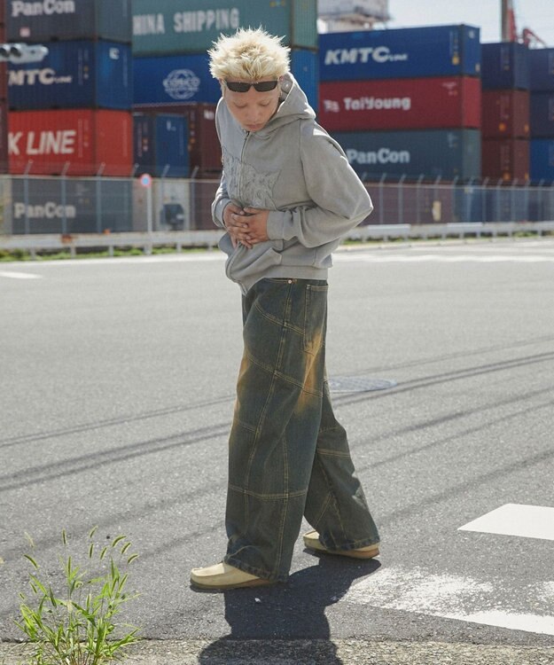 WEGO 【ユニセックス着用ITEM】ピグメントダメージアップリケZIPパーカー グレー