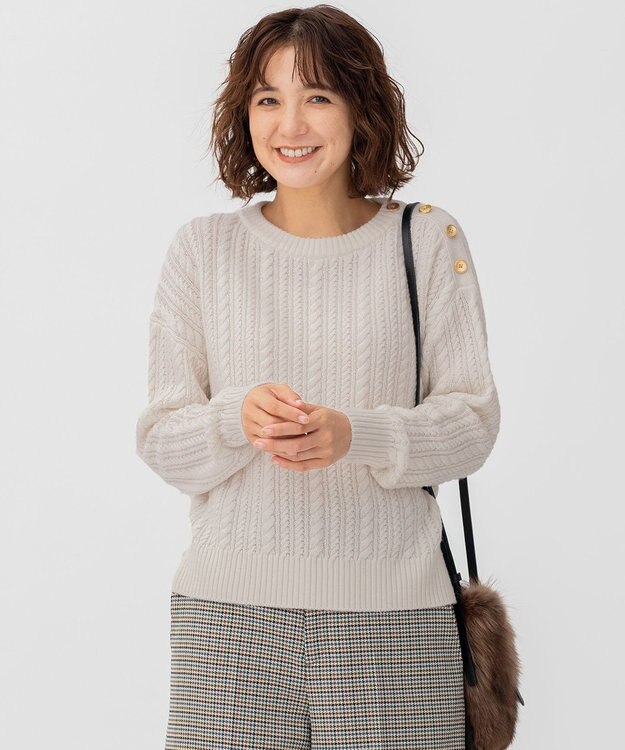 23区 【洗える】ウールコード 肩ボタンケーブル柄 ニット ライトベージュ系