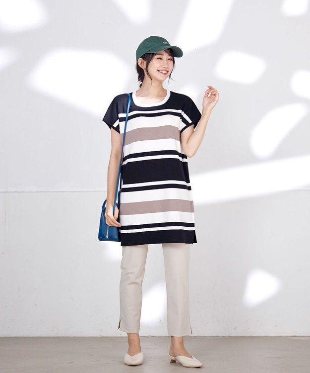 Tiaclasse L 【洗える】マルチボーダーフレンチニットチュニック ブラック×オフ×モカ