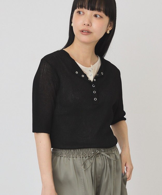 AMERICAN HOLIC 【2点セット】シアーリブヘンリーネックニット＋タンクトップ Black