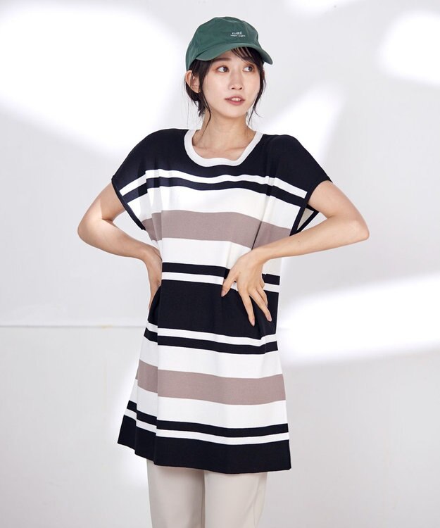 Tiaclasse L 【洗える】マルチボーダーフレンチニットチュニック ブラック×オフ×モカ