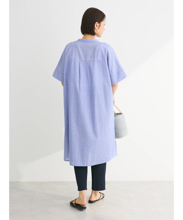 Green Parks 綿麻混スキッパーミニワンピース Stripe Sax