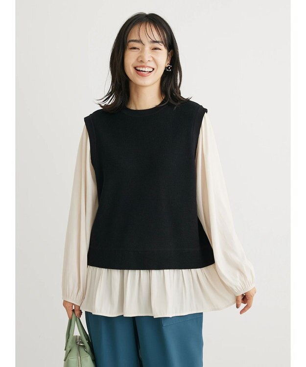 Green Parks とろみ布帛ドッキングニットチュニック Black