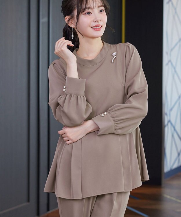 Tiaclasse 【ブラウス&パンツ2点セット】サイドプリーツブラウス×テーパードパンツ セットアップ モカ