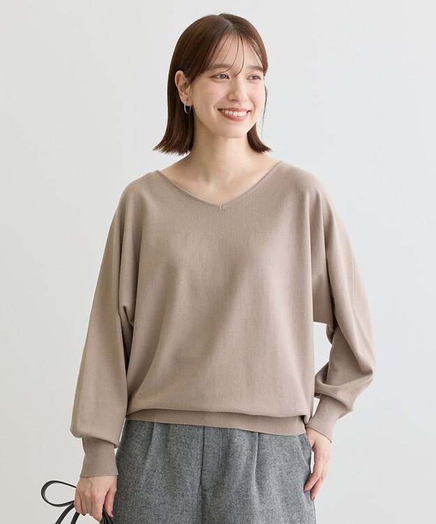Green Parks 洗える　Ｖネックドルマンニットプルオーバー Gray Beige
