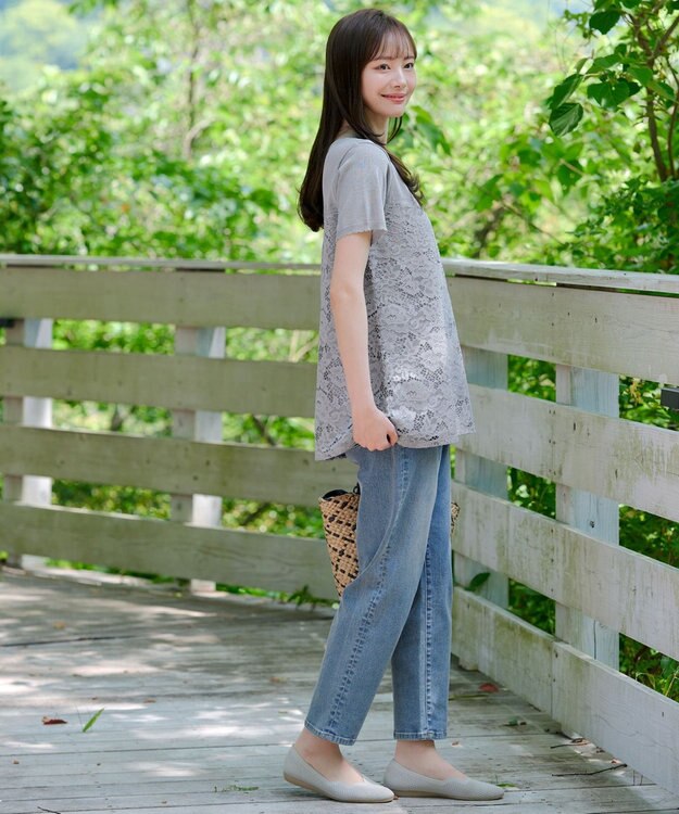 Tiaclasse L 【洗える】レースドッキングニットチュニック グレー