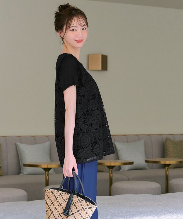 Tiaclasse L 【洗える】レースドッキングニットチュニック ブラック