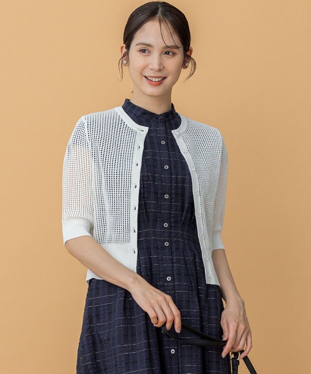 組曲 L 【前後着用可】メッシュ5分袖ニット カーディガン アイボリー系