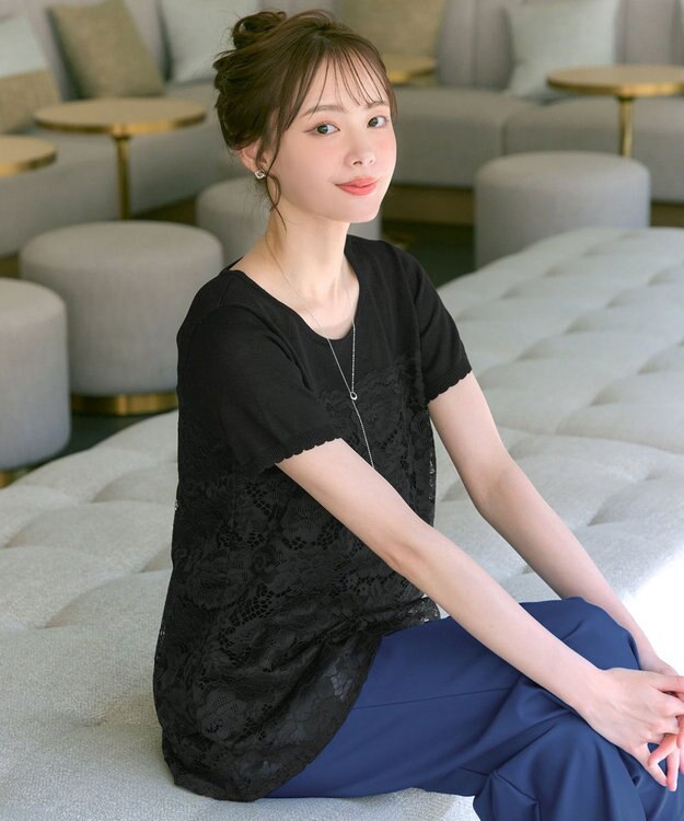 Tiaclasse L 【洗える】レースドッキングニットチュニック ブラック