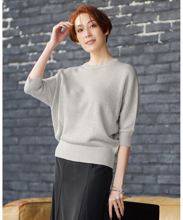 ICB L 【WEB限定カラーあり・洗える】ペーパーブレンドシャインニット 五分袖プルオーバー トープ系