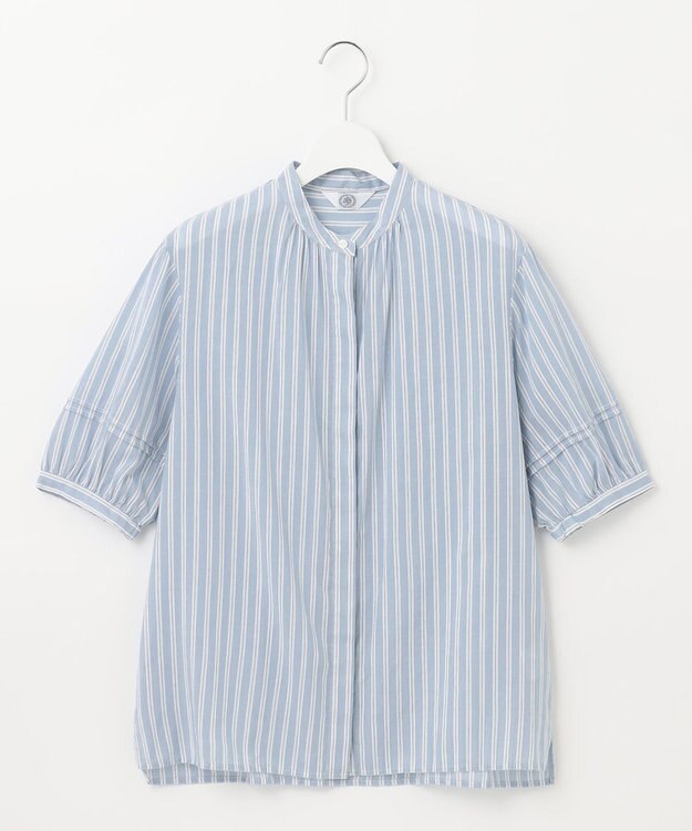 J.PRESS LADIES L 【洗える】綿キュプラコードストライプ バンドカラー ブラウス ブルー系1