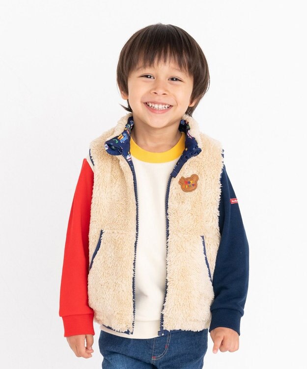 MIKI HOUSE HOT BISCUITS 【80-120cm】 裏ボアフリース リバーシブル総柄ベスト 紺