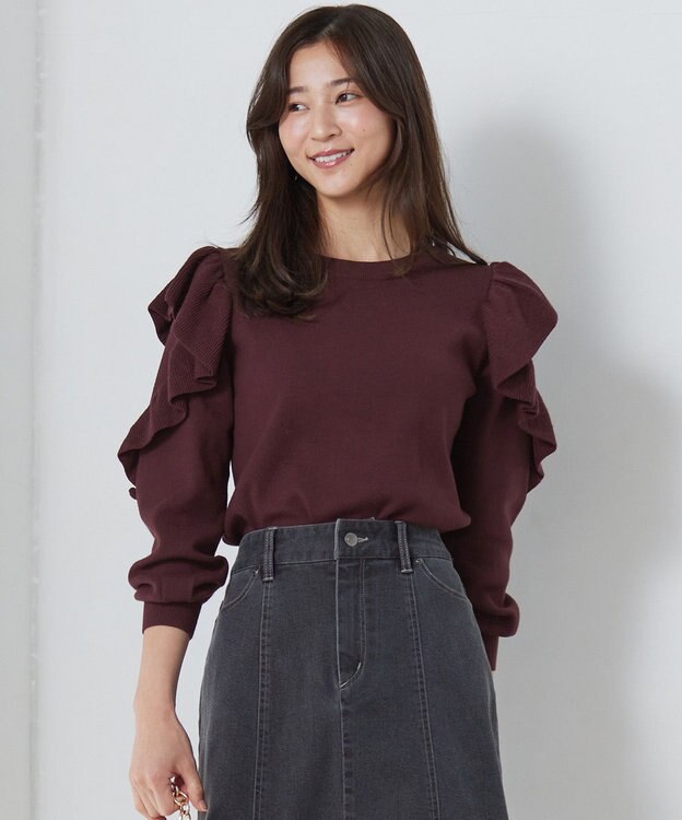 ANY SIS 【洗える】フリルスリーブ ニット ブラウン