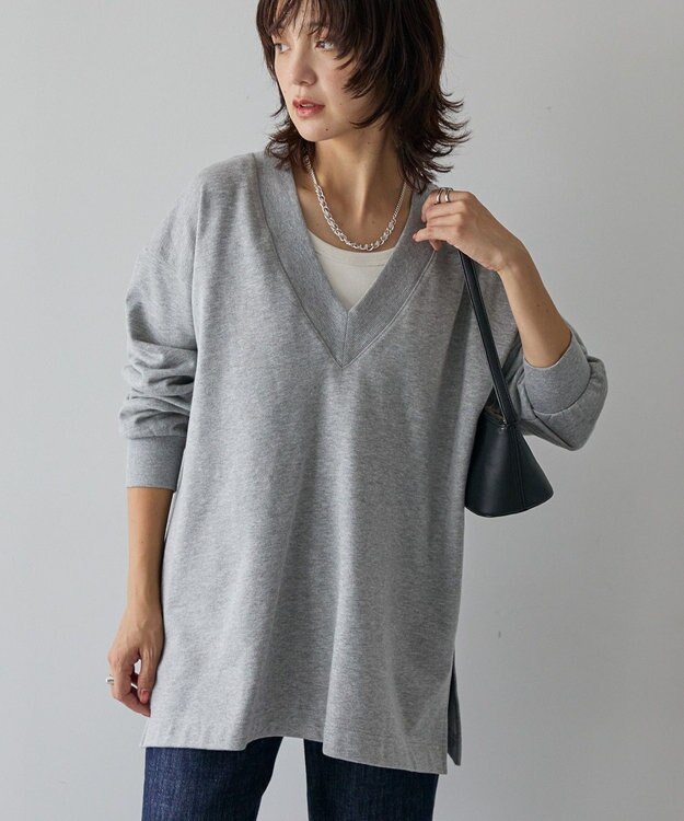 AMERICAN HOLIC Vネックサイドスリットロングスウェットプルオーバー/チュニック Light Gray Mixture