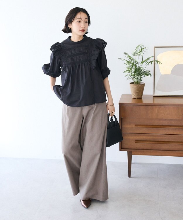 CRAFT STANDARD BOUTIQUE フリル使いマニーレースピンタックブラウス Black