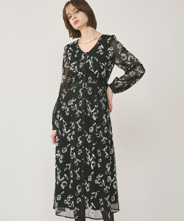 GRACE CONTINENTAL コスメフロッキープリントワンピース ブラック