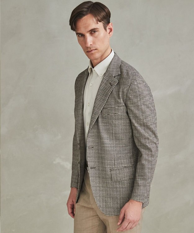 GOTAIRIKU 新柄【吸水速乾/ウォッシャブル】ノルマンディーリネン カーディガンジャケット＿グレンチェック柄 ブラウン系4