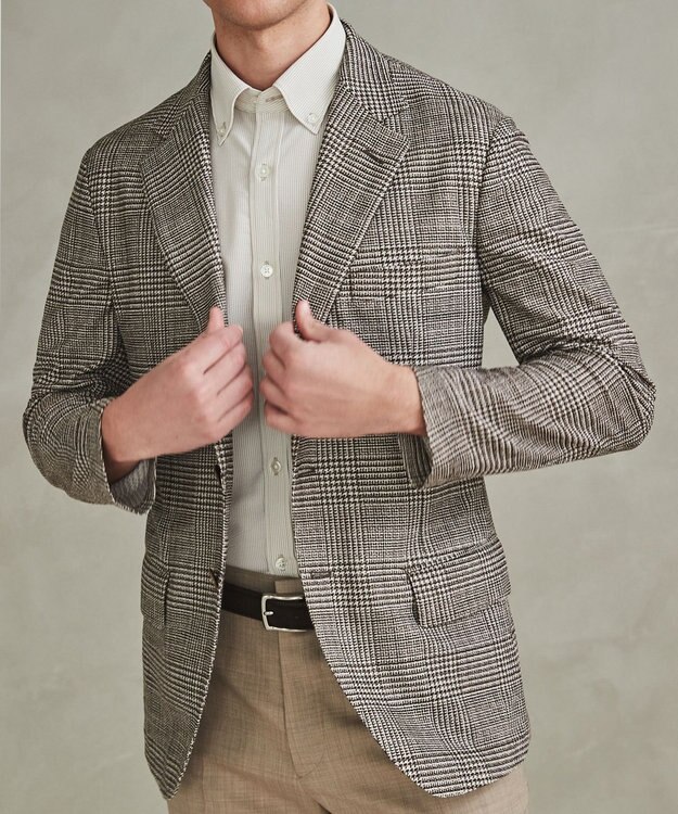 GOTAIRIKU 新柄【吸水速乾/ウォッシャブル】ノルマンディーリネン カーディガンジャケット＿グレンチェック柄 ブラウン系4