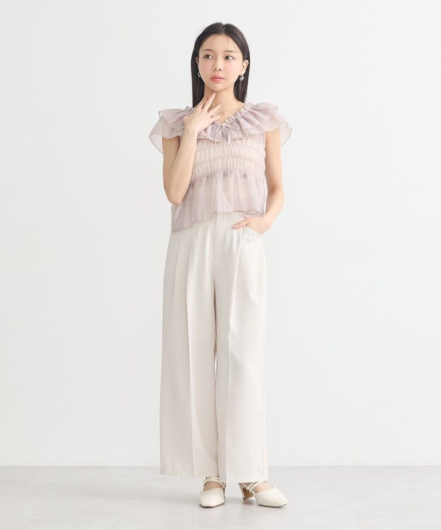 earth music&ecology ダブルフリルノースリブラウス Pink Beige