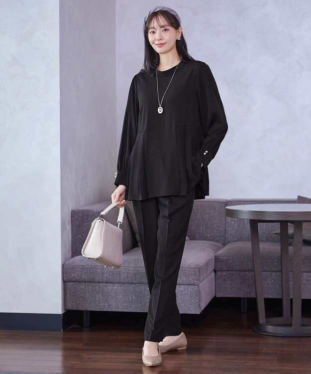 Tiaclasse 【ブラウス&パンツ2点セット】サイドプリーツブラウス×テーパードパンツ セットアップ ブラック