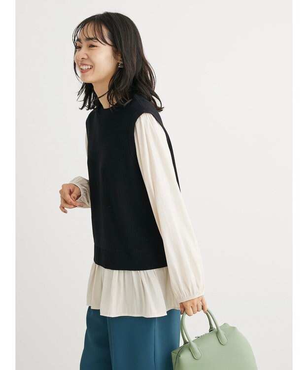 Green Parks とろみ布帛ドッキングニットチュニック Black