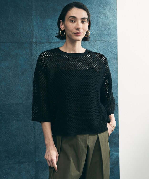 UNFILO L クロシェレースニット ハーフスリーブ プルオーバー ブラック