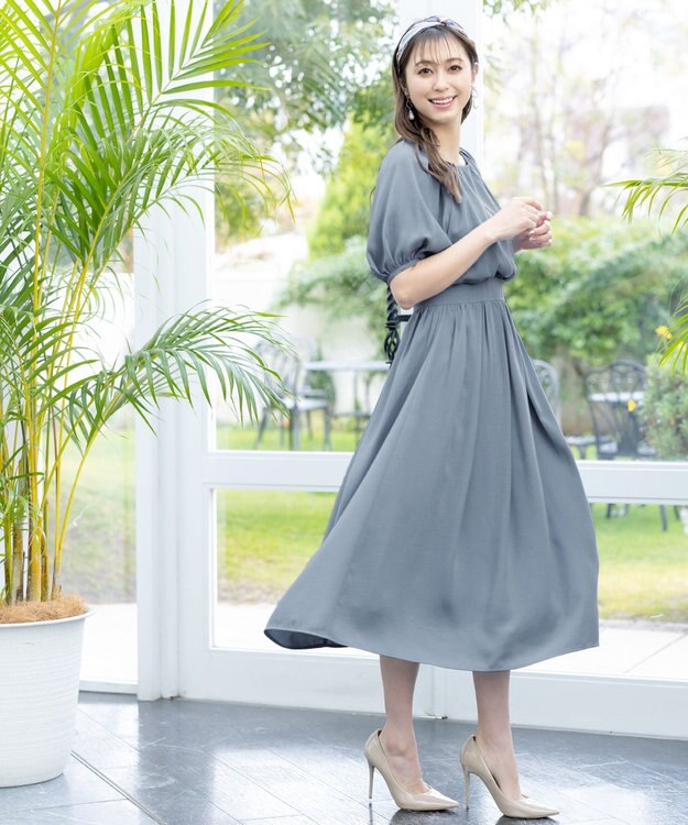 Tiaclasse 【洗える】麻調ギャザーワンピース ブルー