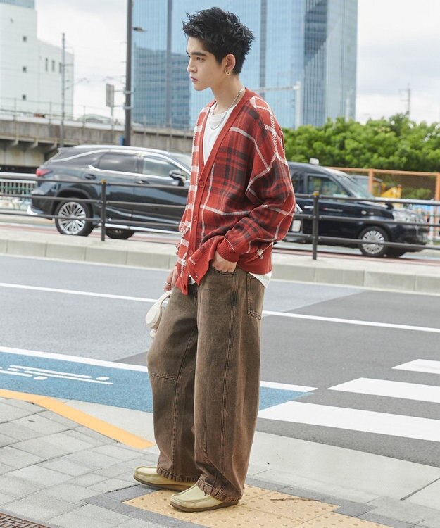WEGO リラックスフィットパターンカーディガン オレンジチェック1