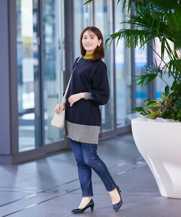 Tiaclasse L 【洗える】カラーブロッキングニットチュニック ネイビー