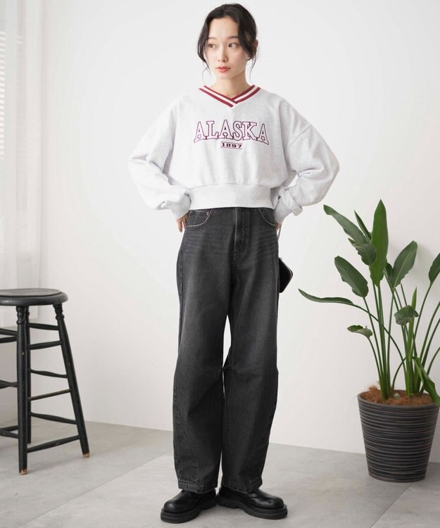 WEGO Vネックラインリブショートスウェット 杢グレー